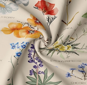 Detailed macro view of floral tapestry fabric with botanical names and soft texture
