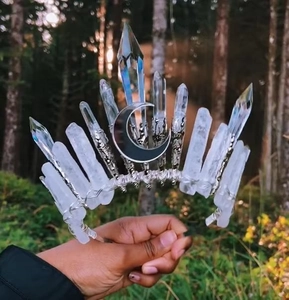 Close-up of Wicca crown with natural crystal pillars and a black crescent moon detail