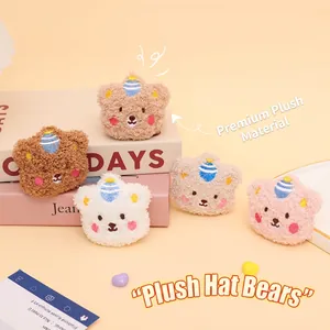 Cute plush bear keychains set in five colors with striped hats and embroidery details