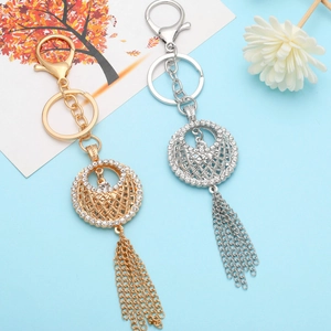 Porte-clés à franges en alliage avec cage à oiseaux en cristal et pompon métallique