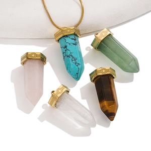 Hexagonal natural stone crystal pendant necklaces with gold plated metal caps