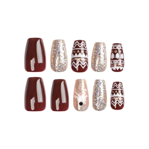 Christmas coffin press-on nails with elk patterns and glitter in wine red and champagne