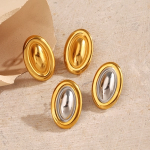18K gold plated oval stud earrings in gold and silver finish with minimalist style