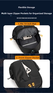 Internal view of chest bag showing storage space for 7.9 inch tablet and gray striped lining