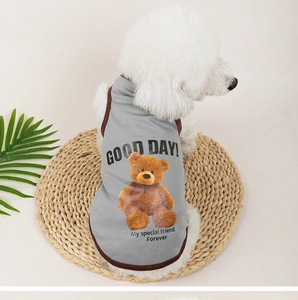 Close-up of a small dog wearing a breathable gray mesh summer vest with a cute bear print