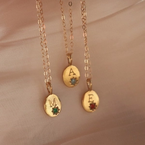 18K gold plated titanium steel initial necklaces with A E M letters and colorful zircon stones