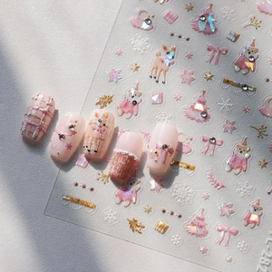 Pink Christmas Nail Art Stickers 3D Embossed Cute Cartoon Bear Reindeer Snowflake Winter Holiday Manicure Decoration