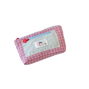 Pink and blue checkered large capacity pencil case with contrast pocket and colorful tag