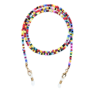 Detailed view of colorful beaded lanyard with lobster clasps and silicone eyewear loops