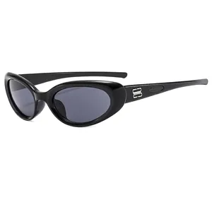 Y2K sporty black cat eye sunglasses with grey lenses and silver BB metallic logo accent