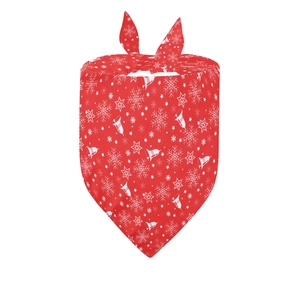 Detailed view of red Christmas pet bandana with festive white snowflake and bell patterns