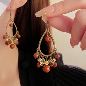 Bohemian Water Drop Dangle Earrings Vintage Ethnic Alloy Natural Stone Red Bead Tassel Jewelry For Women