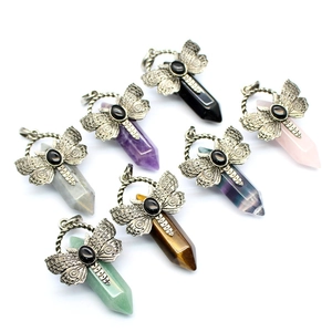 Set of seven vintage dragonfly hexagonal column natural stone crystal pendant necklaces