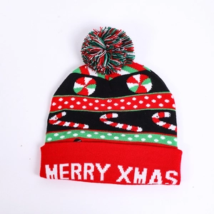 LED Christmas knitted hat with Merry Xmas text and colorful candy cane patterns
