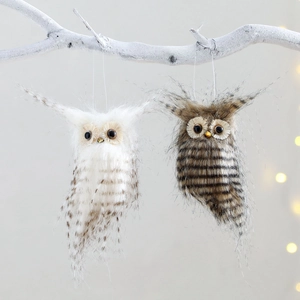 Realistic handmade owl hanging ornaments in white and brown for Christmas tree decor