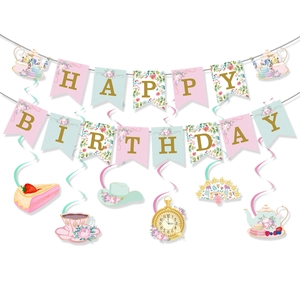 Floral tea party birthday decorations set with happy birthday banner and hanging swirls