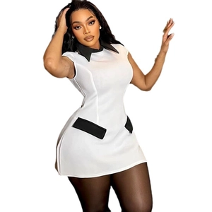 Slim fit sleeveless white mini dress with black contrast trim and lapel collar