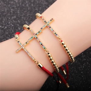 Bracelet Croix De Mode En Cuivre Avec Zircon Coloré Micro Incrusté Corde Réglable Chaîne À Billes Bijoux Pour Femmes