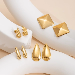 Minimalist gold plated titanium steel geometric earrings set including teardrop and square studs