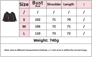 Detailed size chart for double-breasted PU leather jacket with bust and sleeve measurements