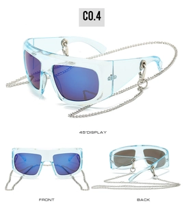 Y2K oversized blue shield sunglasses with detachable silver metal chain detail