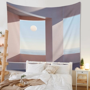 Bohemian wall tapestry with surreal seascape and pink architecture for bedroom decor