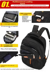 Detail view of large capacity black backpack showing laptop compartment and interior pockets