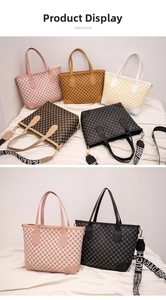 Collection of printed PU leather tote bags with geometric patterns and wide canvas straps
