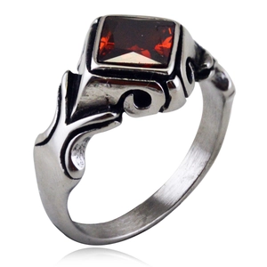 Retro stainless steel ring with a square red gemstone and vintage floral carvings