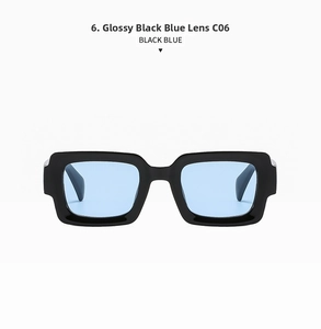 Front view of square oversized sunglasses in glossy black frame with light blue lenses