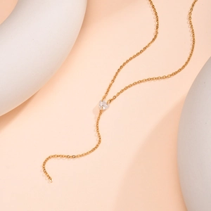 Gold stainless steel Y-shaped heart zircon necklace with elegant fringe tassel detail