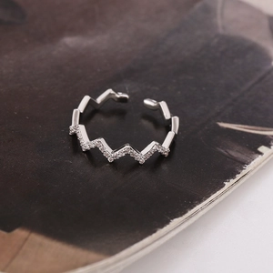 Silver wave zigzag ring with cubic zirconia stones and adjustable open band