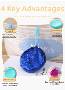 Detail of round sequin coin purse with PP cotton filling and plastic hanging hook