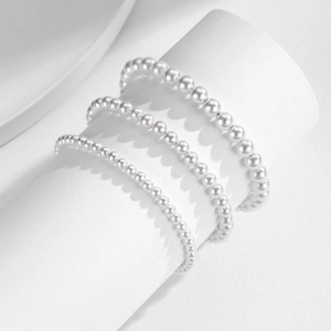 Three-piece set of S925 silver pearl bracelets with elegant round white lustrous pearls