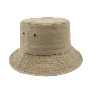 Detail of khaki washed cotton bucket hat showing metal eyelets and quilted texture stitching