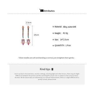 Detailed size and material specification chart for colorful teardrop rhinestone earrings