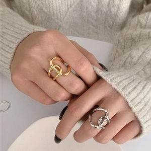 Geometric Interlocking Line Open Ring Brass Gold Plated Minimalist Adjustable Band Jewelry For Women