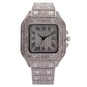 Luxury iced-out square quartz watch for men with full rhinestone setting and Roman numerals