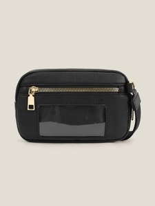 Detail of black leather wallet bag featuring a gold zipper and clear PVC window pocket