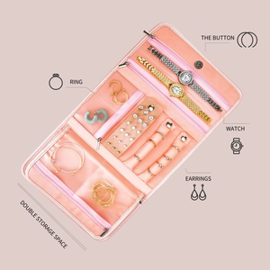 Pink PU leather jewelry organizer bag with double storage for rings, watches and earrings