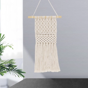 Bohemian hand-woven cotton wall hanging tapestry with wooden pole and long tassel fringe