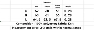 Detailed size guide table for slim fit off-shoulder knit sweater showing S M L measurements