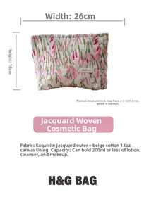 Detailed view of pink floral jacquard cosmetic bag showing 26x18cm size and canvas lining
