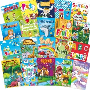 Detailed grid view showing 20 diverse cartoon themes of children coloring books