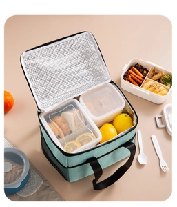 Detail of insulated lunch bag with thick aluminum foil lining and spacious interior storage