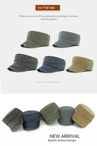 Detailed view of structured cotton flat top army hats in multiple colors for men and women