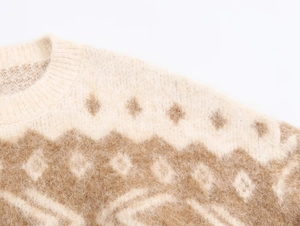 Close-up of beige jacquard knit sweater featuring warm wool texture and geometric patterns