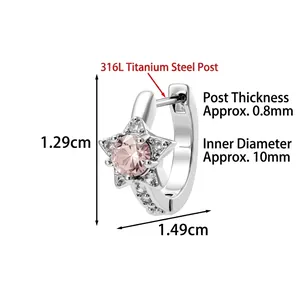 Pink zircon star hoop earring in 316L stainless steel with white crystal accents