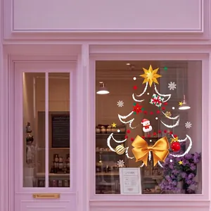 Christmas tree window static stickers with gold stars and snowman for holiday shop decor