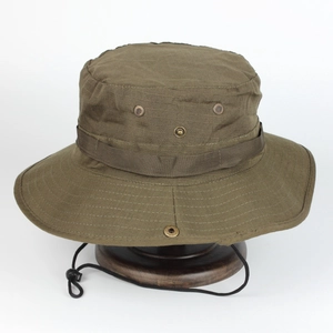 Olive green tactical boonie hat with adjustable chin strap for outdoor sun protection